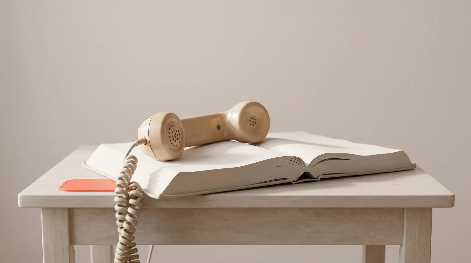 Un vieux combiné téléphonique posé sur un annuaire papier ouvert et poussiéreux, sur une table noire, sous une seule lumière corail rasante