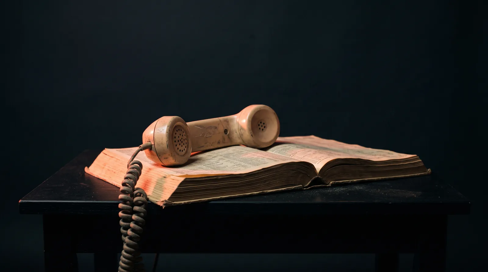 Un vieux combiné téléphonique posé sur un annuaire papier ouvert et poussiéreux, sur une table noire, sous une seule lumière corail rasante