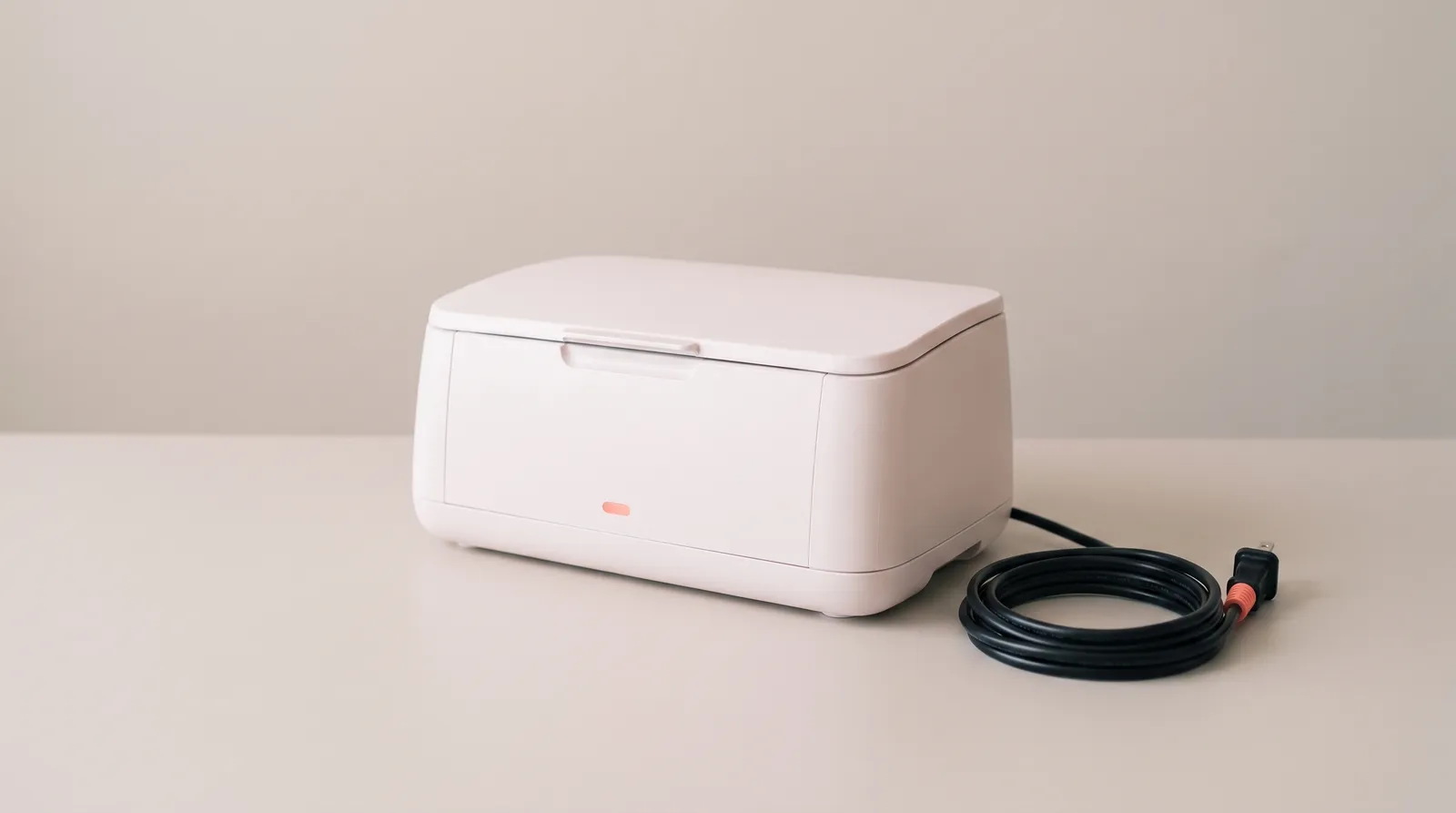 Un appareil électroménager sans marque au capot fermé, posé sur une table noire, sa diode d'alimentation éteinte, son cordon enroulé à côté, sous une seule lumière corail