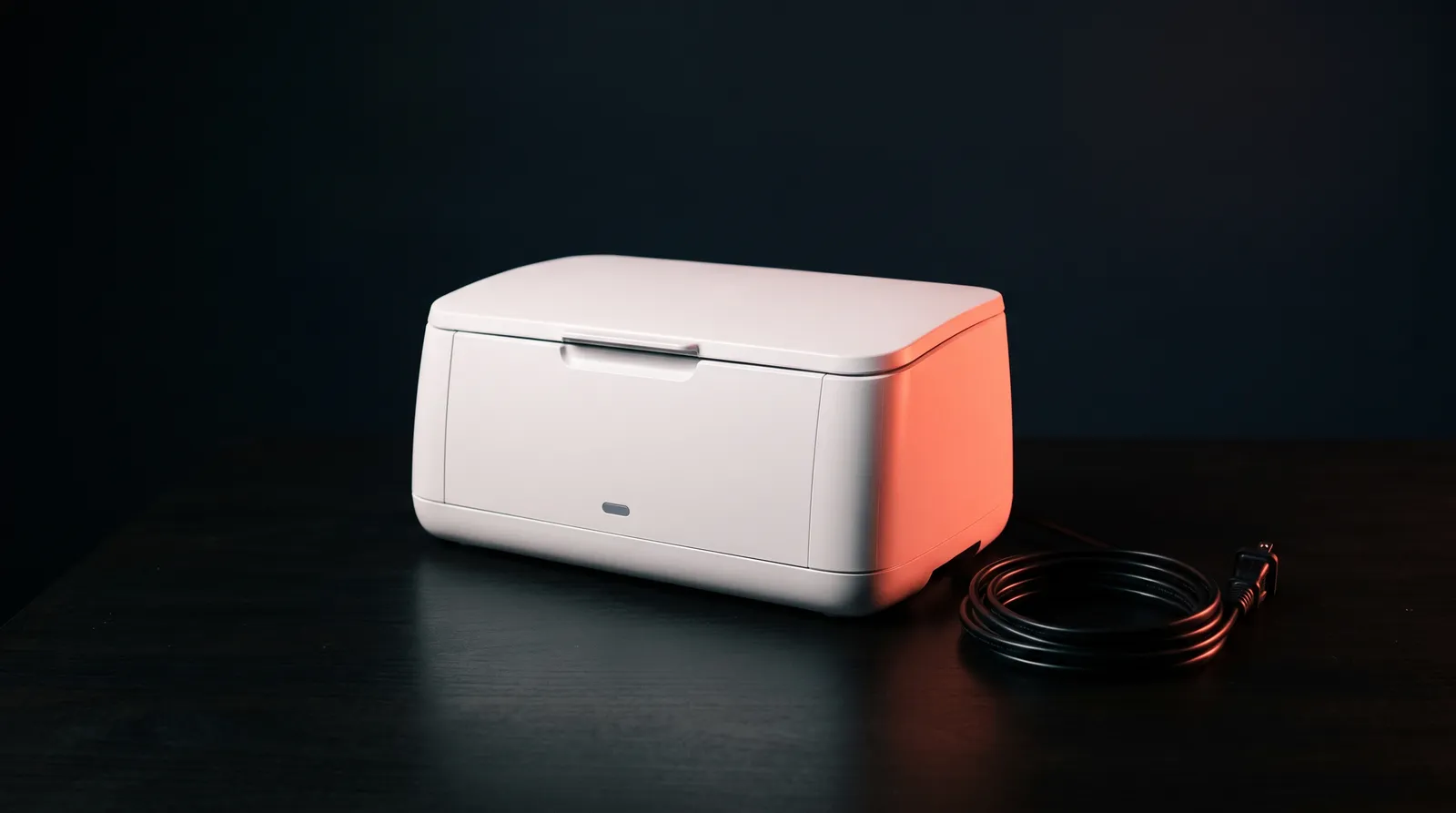 Un appareil électroménager sans marque au capot fermé, posé sur une table noire, sa diode d'alimentation éteinte, son cordon enroulé à côté, sous une seule lumière corail