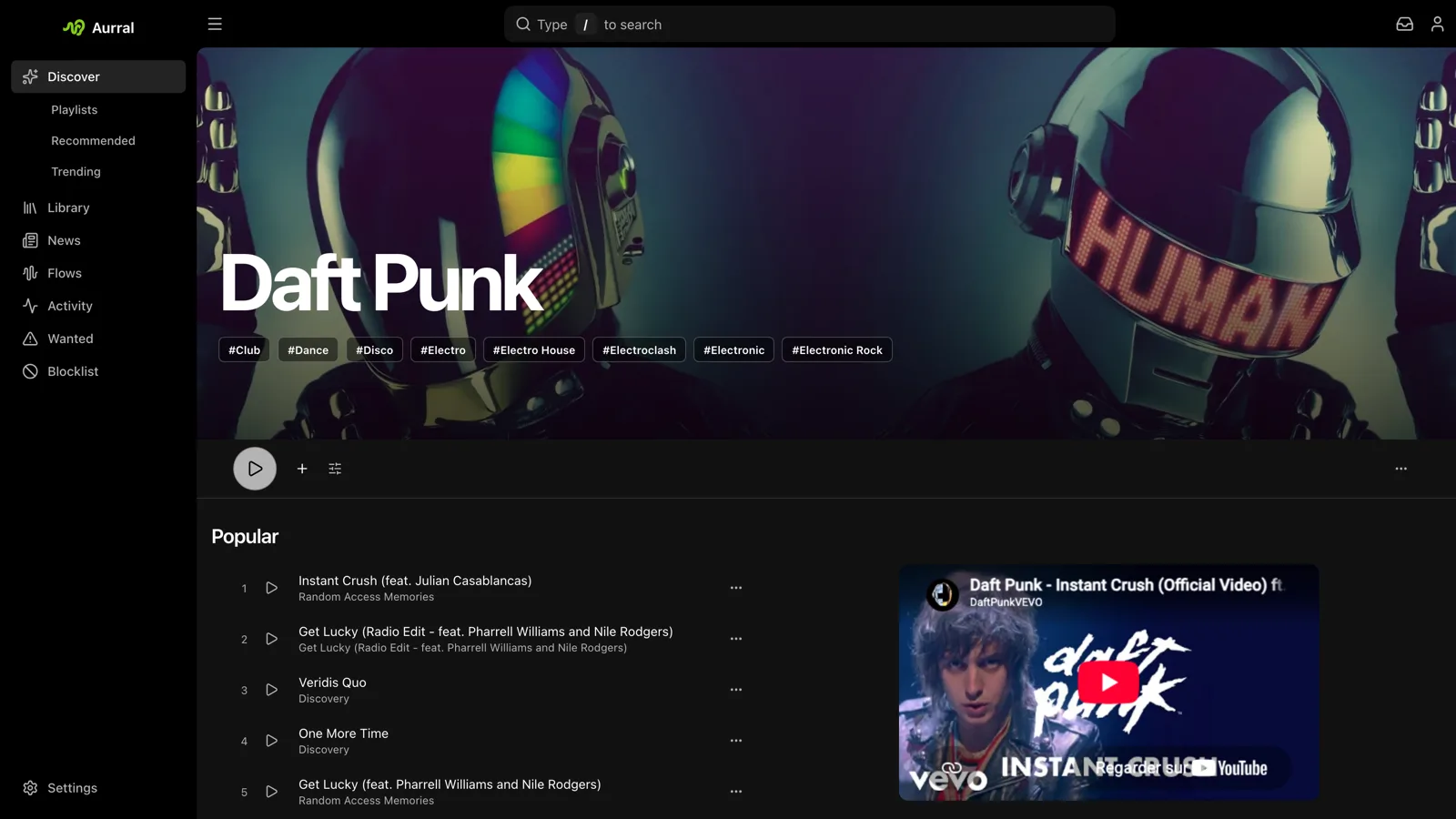 La fiche d'artiste de Daft Punk dans Aurral : les étiquettes de genre, les titres les plus écoutés et la discographie complète