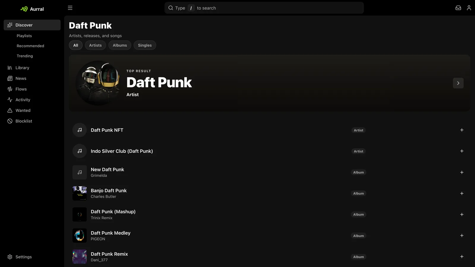 La recherche d'Aurral sur Daft Punk : le résultat principal en tête, puis les artistes et les albums, chacun avec un bouton d'ajout à Lidarr