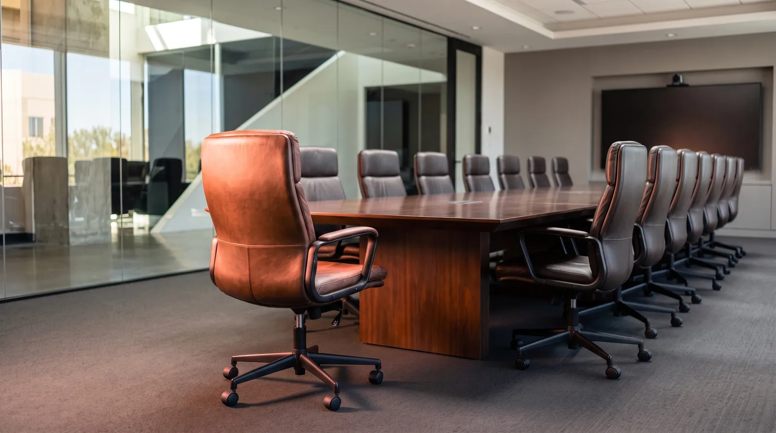 Un fauteuil de bureau vide tourné vers une table de réunion sombre, éclairé de côté par une seule lumière corail