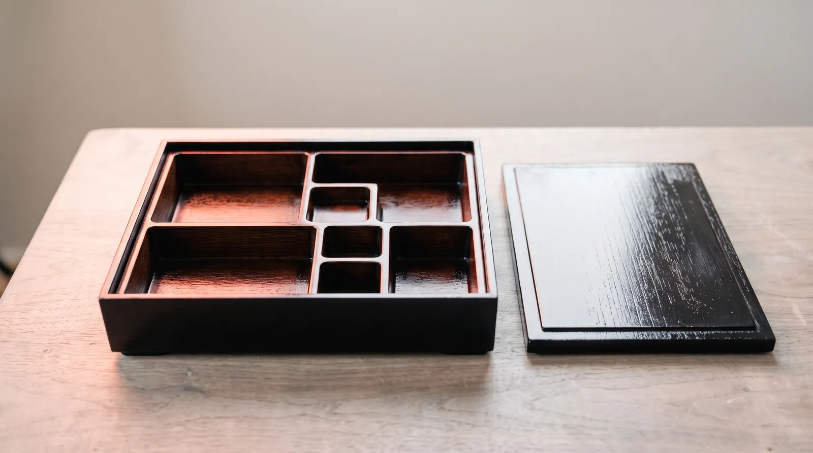 Une boîte à bento en bois laqué fermée, posée sur une table sombre, éclairée par une seule lumière corail rasante