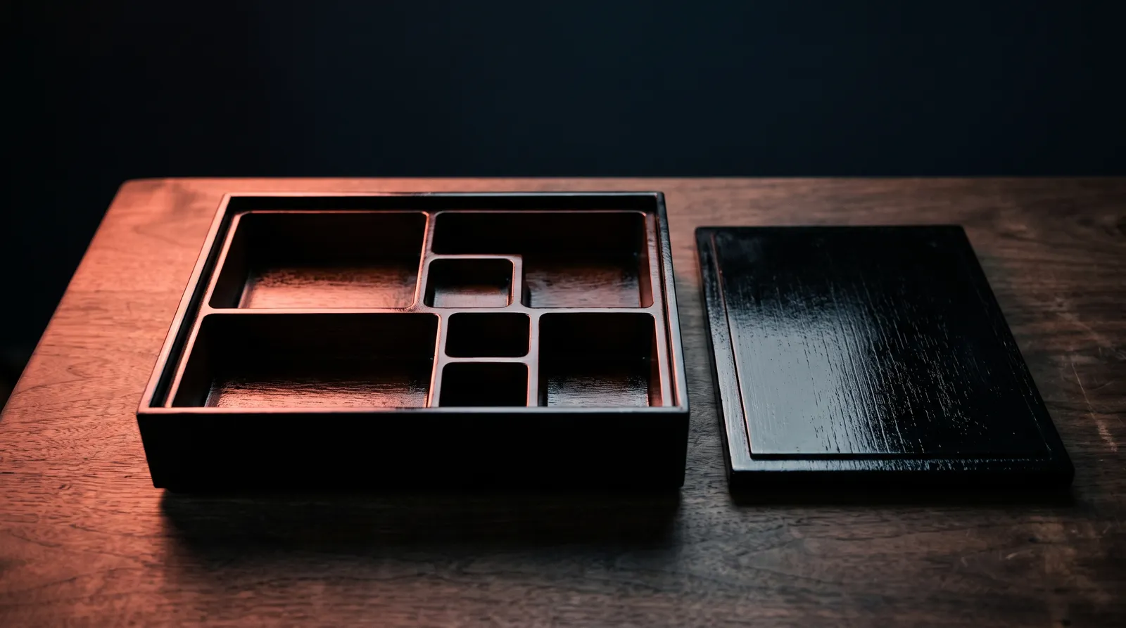 Une boîte à bento en bois laqué fermée, posée sur une table sombre, éclairée par une seule lumière corail rasante