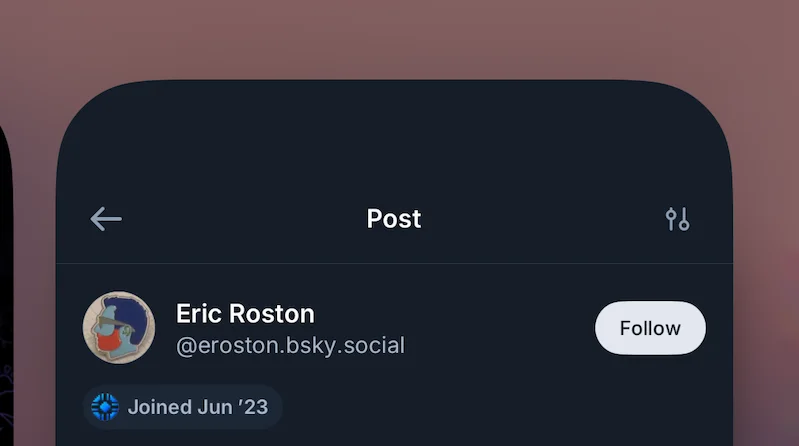 Le haut d'un message Bluesky tel qu'il s'affiche dans l'application : à droite du nom du compte, le bouton Suivre est bien visible