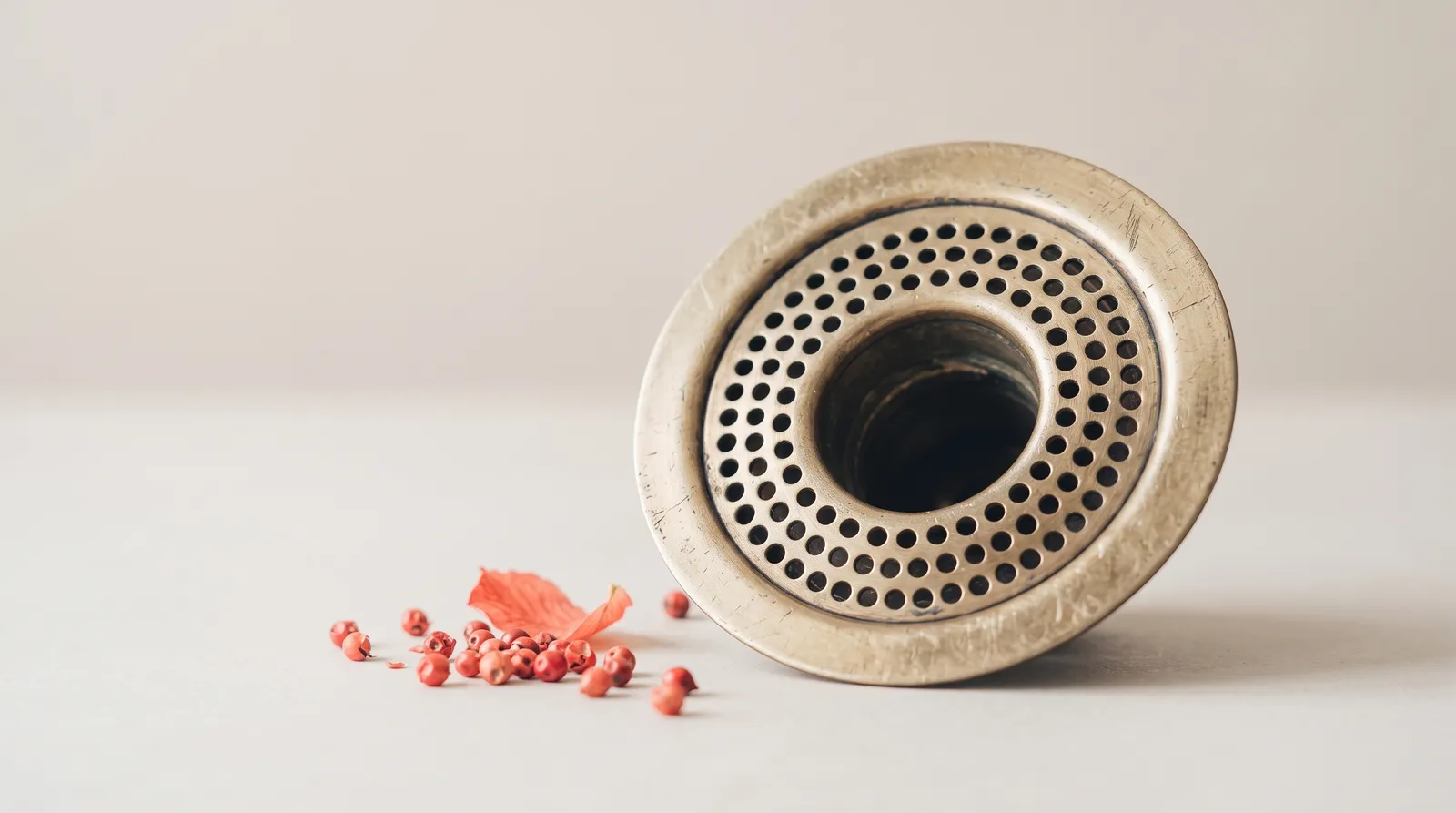 Une bonde d'évier en laiton posée sur une surface sombre, sa grille tournée vers l'objectif, éclairée par une seule lumière corail rasante