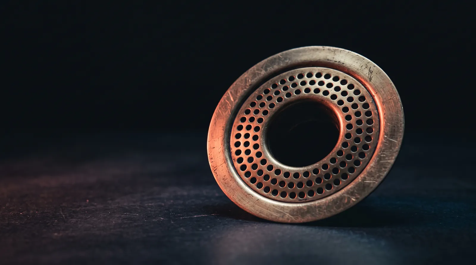 Une bonde d'évier en laiton posée sur une surface sombre, sa grille tournée vers l'objectif, éclairée par une seule lumière corail rasante