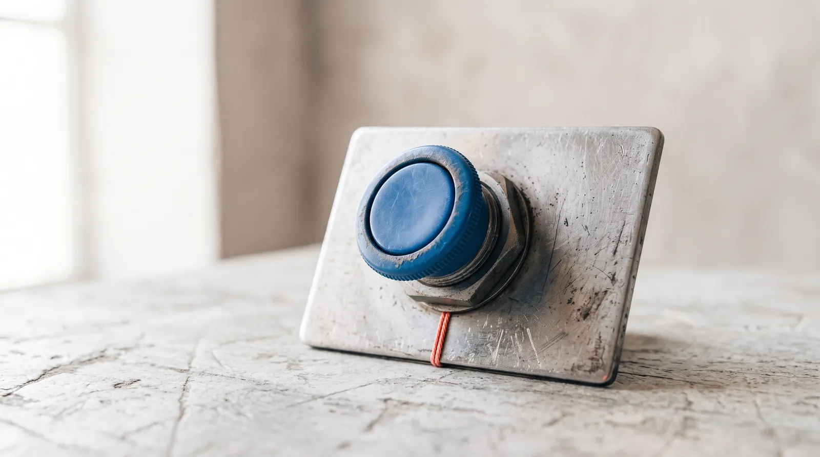 Un vieux bouton poussoir industriel bleu, monté sur une plaque métallique posée sur un établi sombre, éclairé par une seule lumière corail rasante