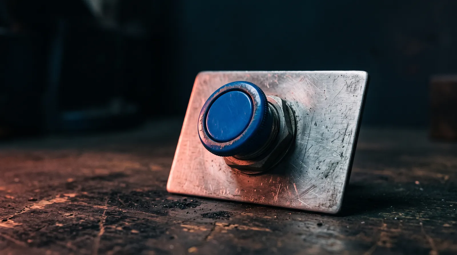 Un vieux bouton poussoir industriel bleu, monté sur une plaque métallique posée sur un établi sombre, éclairé par une seule lumière corail rasante