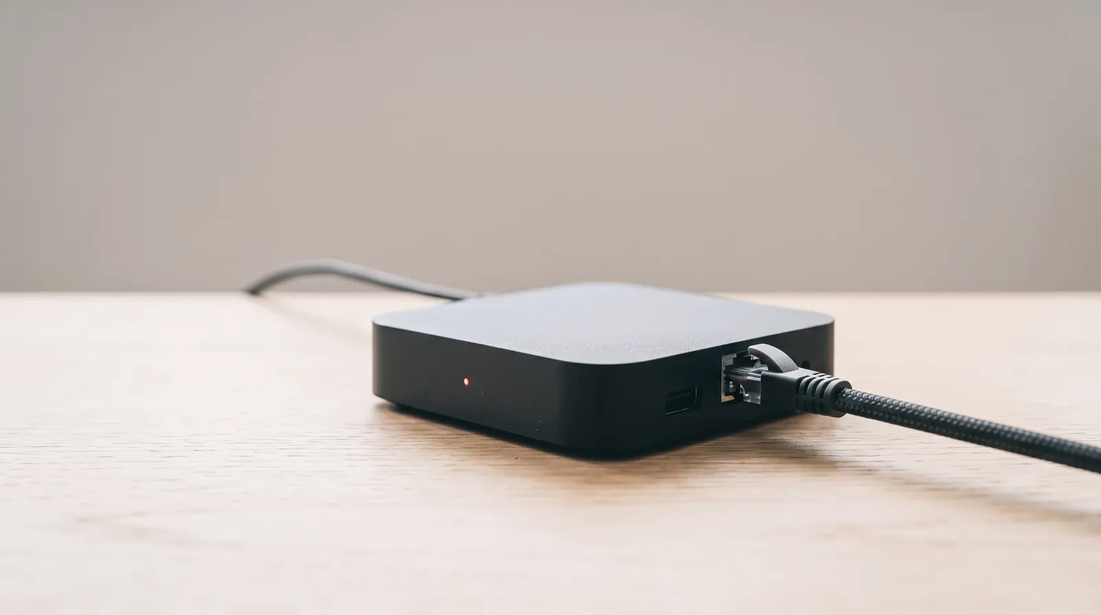 Une petite box TV Android noire posée sur une table sombre, son câble Ethernet branché, sous une seule lumière corail rasante