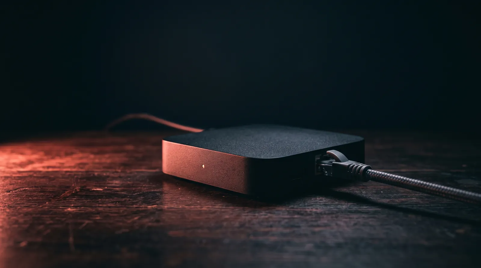 Une petite box TV Android noire posée sur une table sombre, son câble Ethernet branché, sous une seule lumière corail rasante