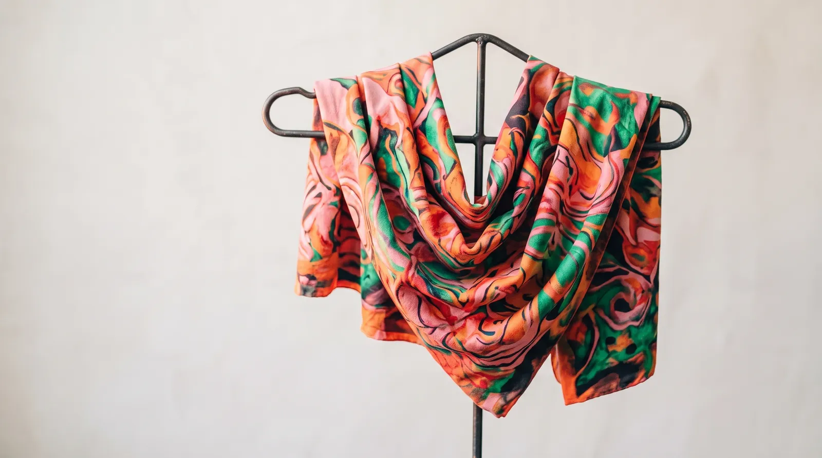 Un tissu à motifs vifs suspendu dans le noir, éclairé par une seule lumière corail rasante
