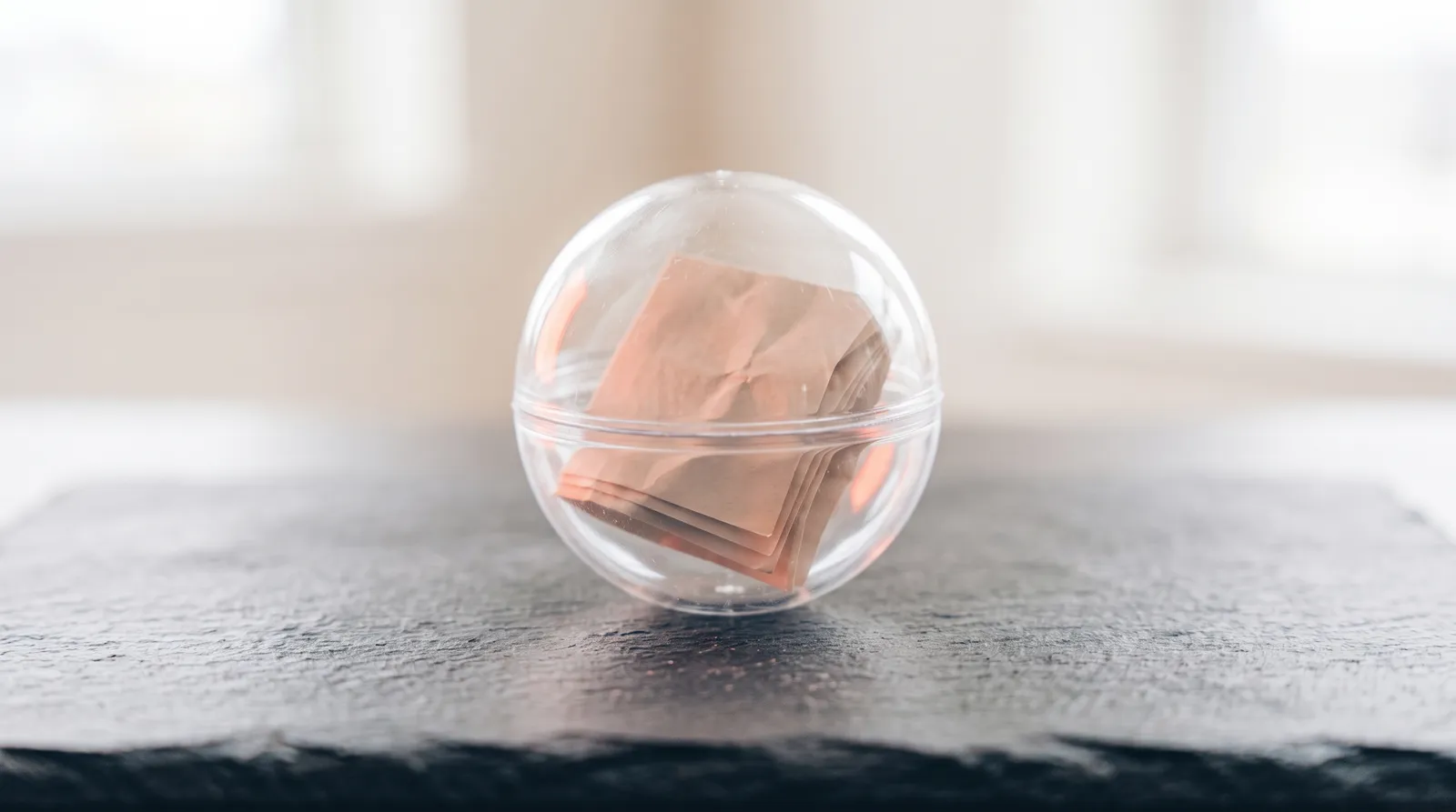 Une capsule de plastique transparent, comme celles des distributeurs, contenant une feuille de papier pliée, posée sur une table sombre et éclairée par une seule lumière corail