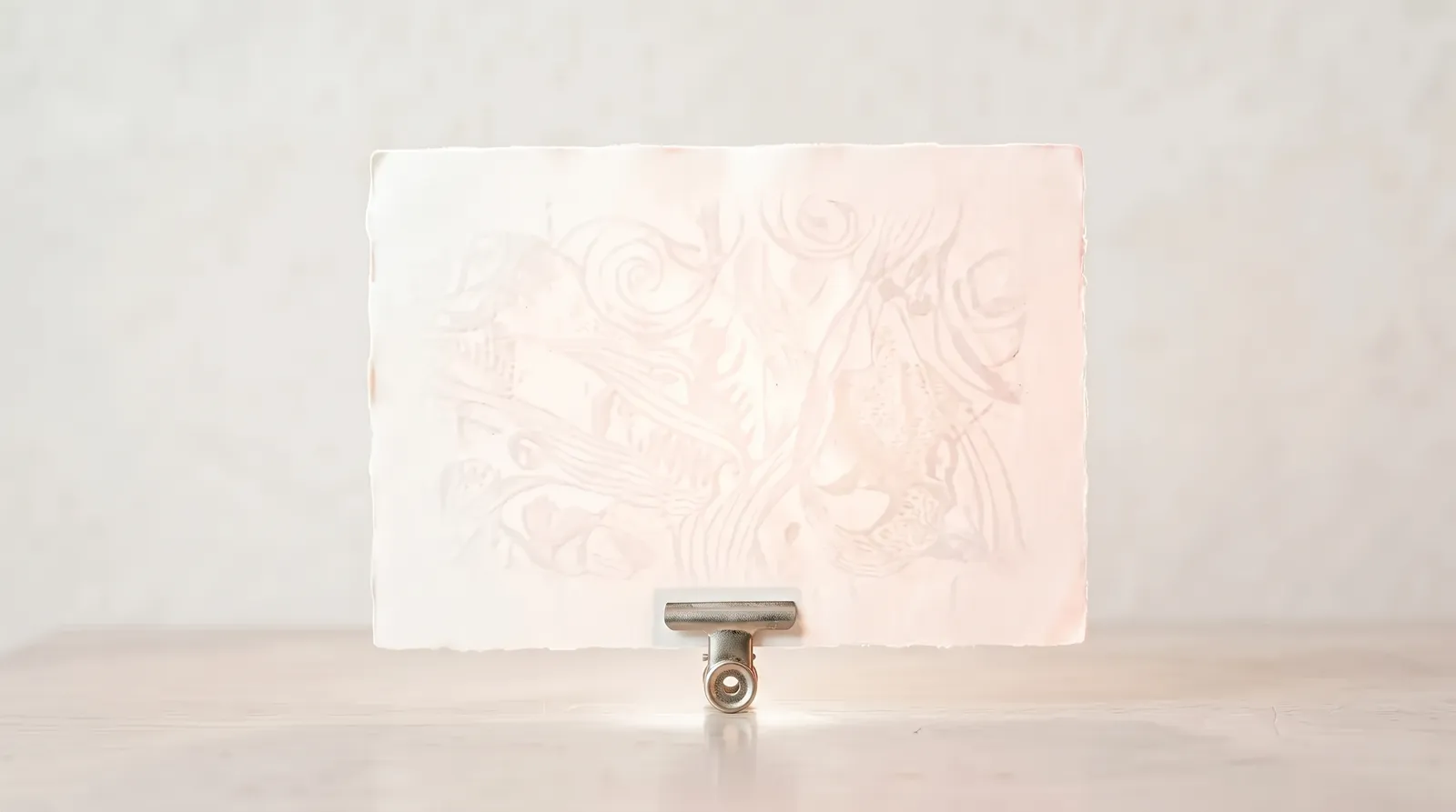 Une feuille de papier vierge dressée dans une pince métallique sur une table noire, éclairée à contre-jour par une lumière corail qui révèle un filigrane dans la fibre