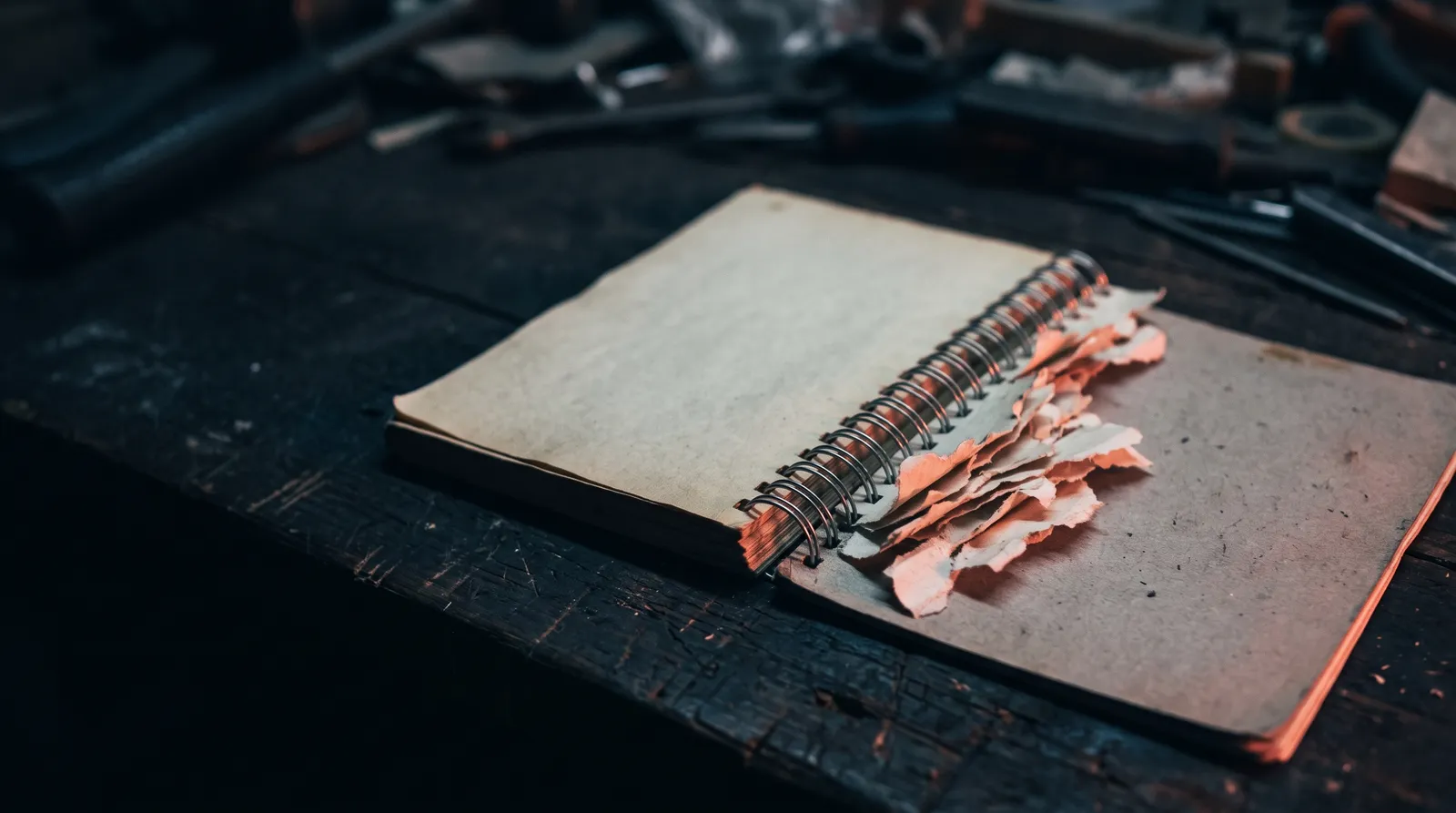 Un carnet à spirale ouvert sur un établi sombre, la moitié de ses pages arrachées, les talons déchirés encore pris dans la reliure, une seule lumière corail rasante