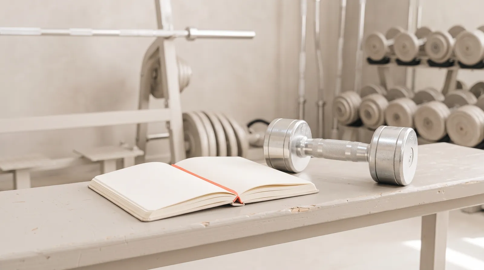 Un carnet ouvert à plat sur un banc de musculation, deux pages blanches, un haltère en acier posé derrière, dans une salle de sport plongée dans le noir sous une seule lumière corail