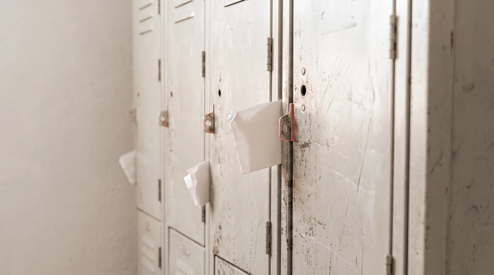 Une rangée de casiers métalliques rayés dans l'obscurité, plusieurs petits papiers pliés coincés entre les portes, éclairés par une seule lumière corail rasante