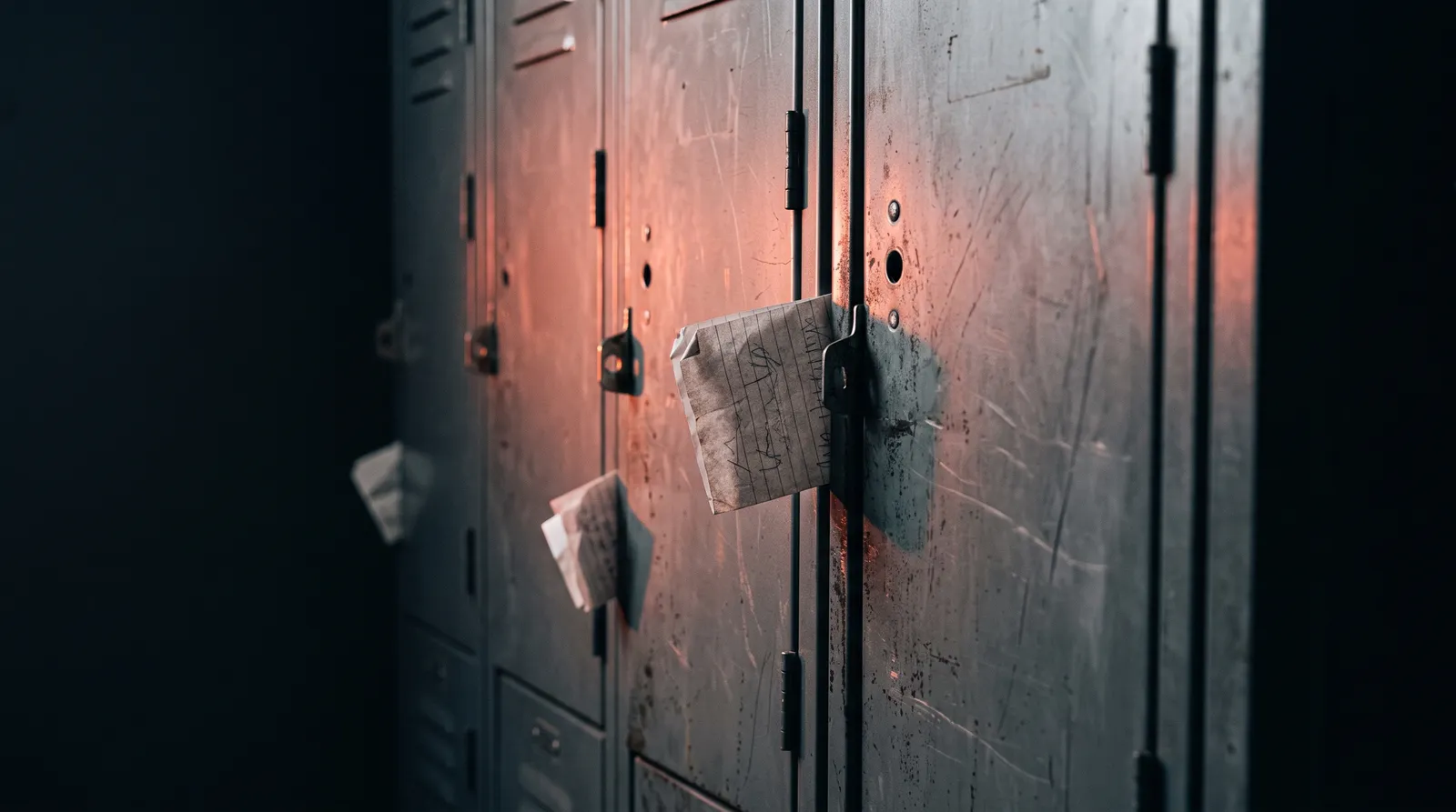 Une rangée de casiers métalliques rayés dans l'obscurité, plusieurs petits papiers pliés coincés entre les portes, éclairés par une seule lumière corail rasante
