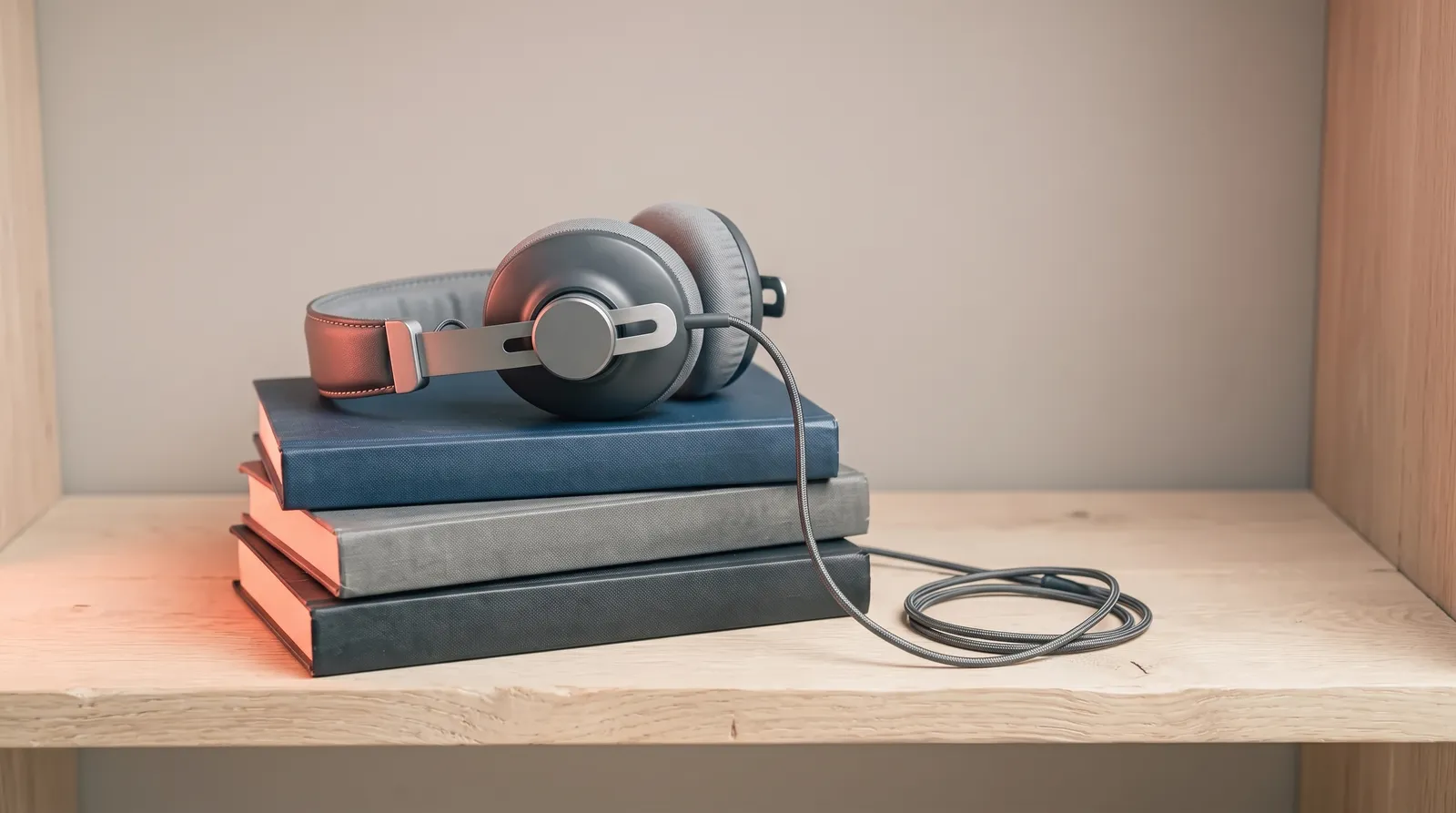 Un casque audio posé sur une pile de trois livres reliés, sur une étagère en bois sombre, sous une seule lumière corail rasante