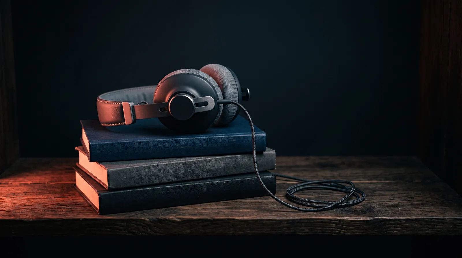 Un casque audio posé sur une pile de trois livres reliés, sur une étagère en bois sombre, sous une seule lumière corail rasante
