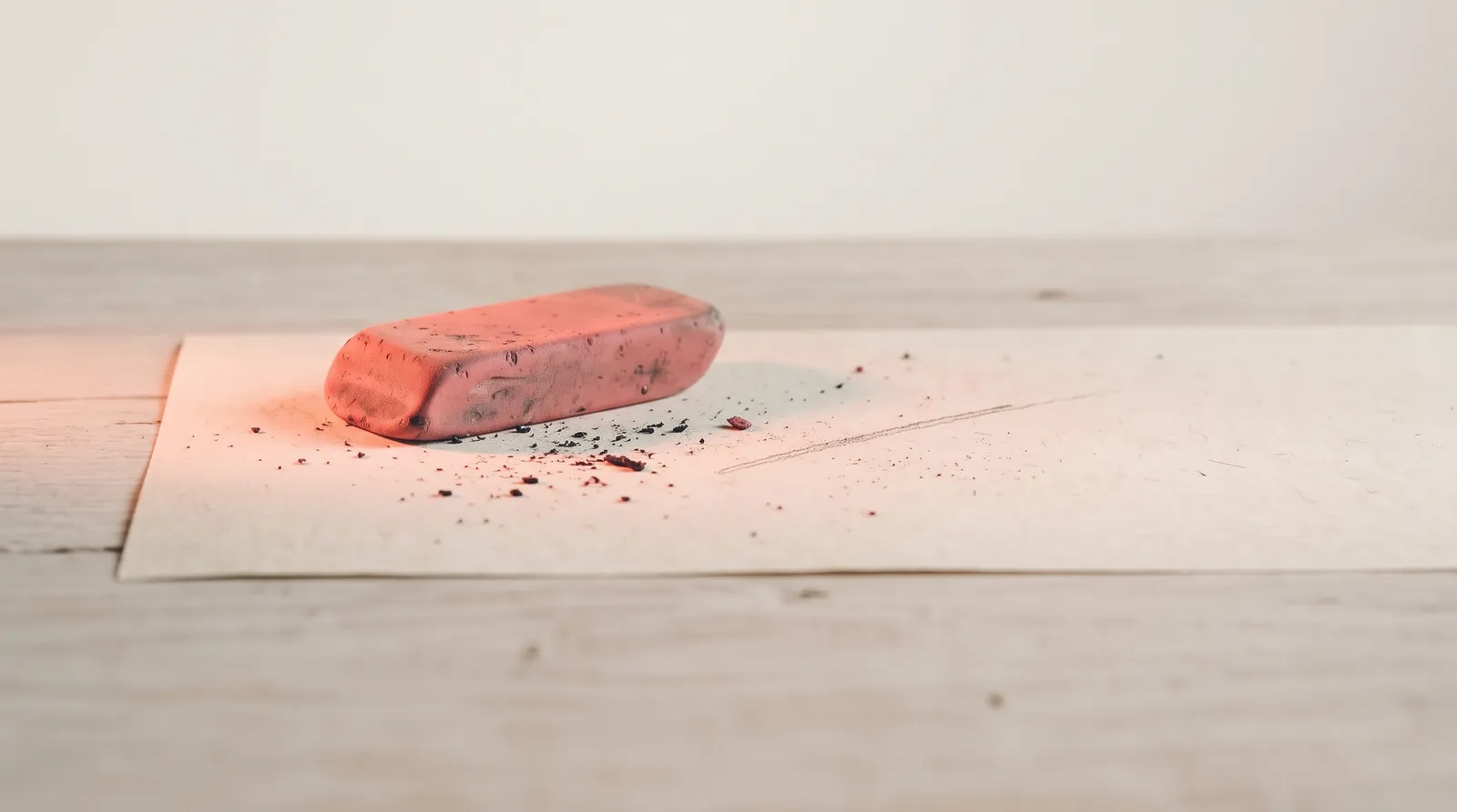 Une gomme usée posée sur une feuille de papier dans le noir, des miettes de gomme autour, et une trace de crayon encore visible sur la partie effacée, éclairée par une seule lumière corail rasante