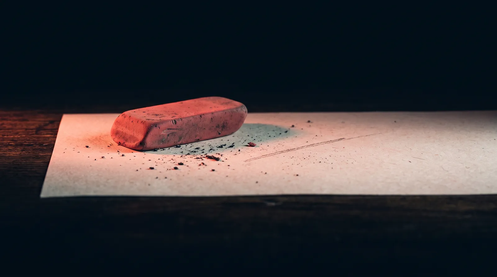 Une gomme usée posée sur une feuille de papier dans le noir, des miettes de gomme autour, et une trace de crayon encore visible sur la partie effacée, éclairée par une seule lumière corail rasante