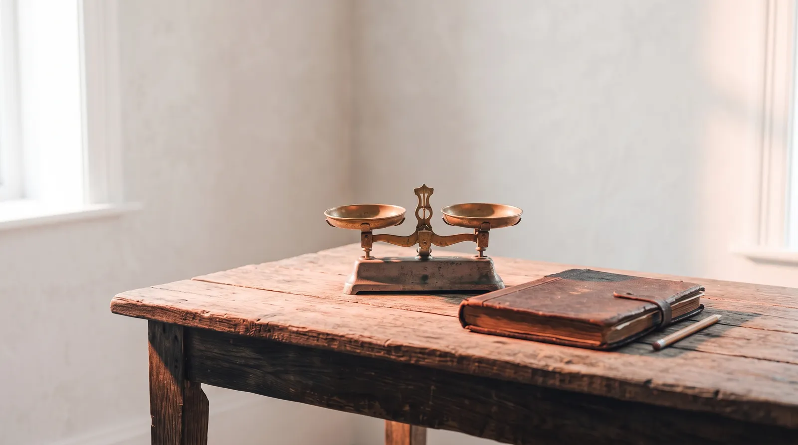 Une vieille table en bois dans le noir, une balance à plateaux en laiton posée dessus à côté d'un carnet de commandes fermé et d'un crayon, éclairés par une seule lumière corail rasante