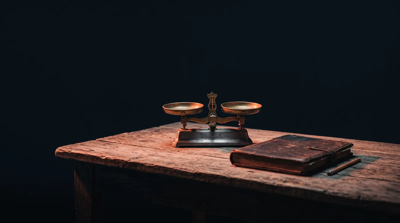 Une vieille table en bois dans le noir, une balance à plateaux en laiton posée dessus à côté d'un carnet de commandes fermé et d'un crayon, éclairés par une seule lumière corail rasante