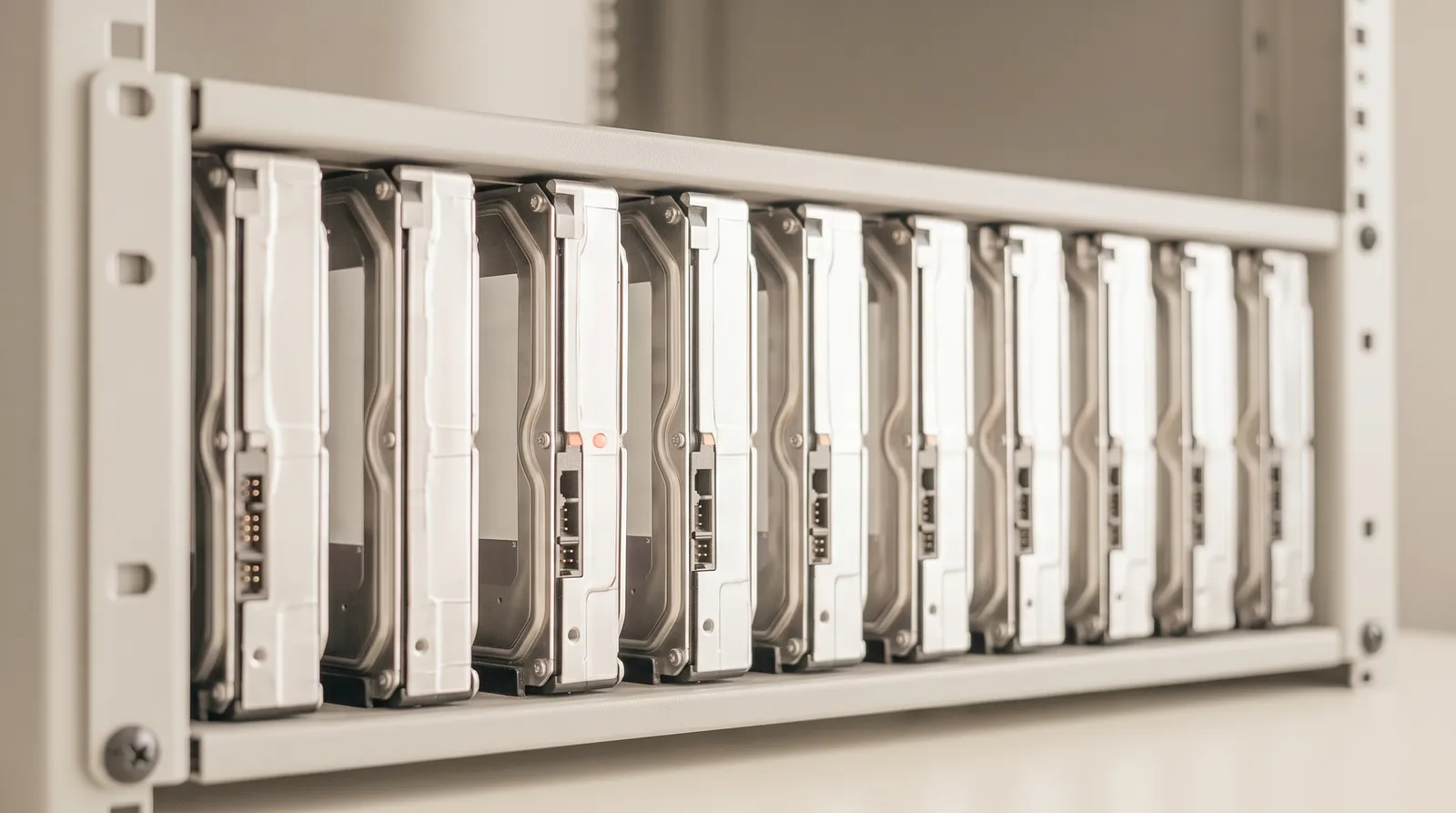 Une rangée de disques durs nus dressés dans un rack métallique sombre, une seule diode verte allumée au milieu de tous les autres éteints, sous une lumière corail rasante