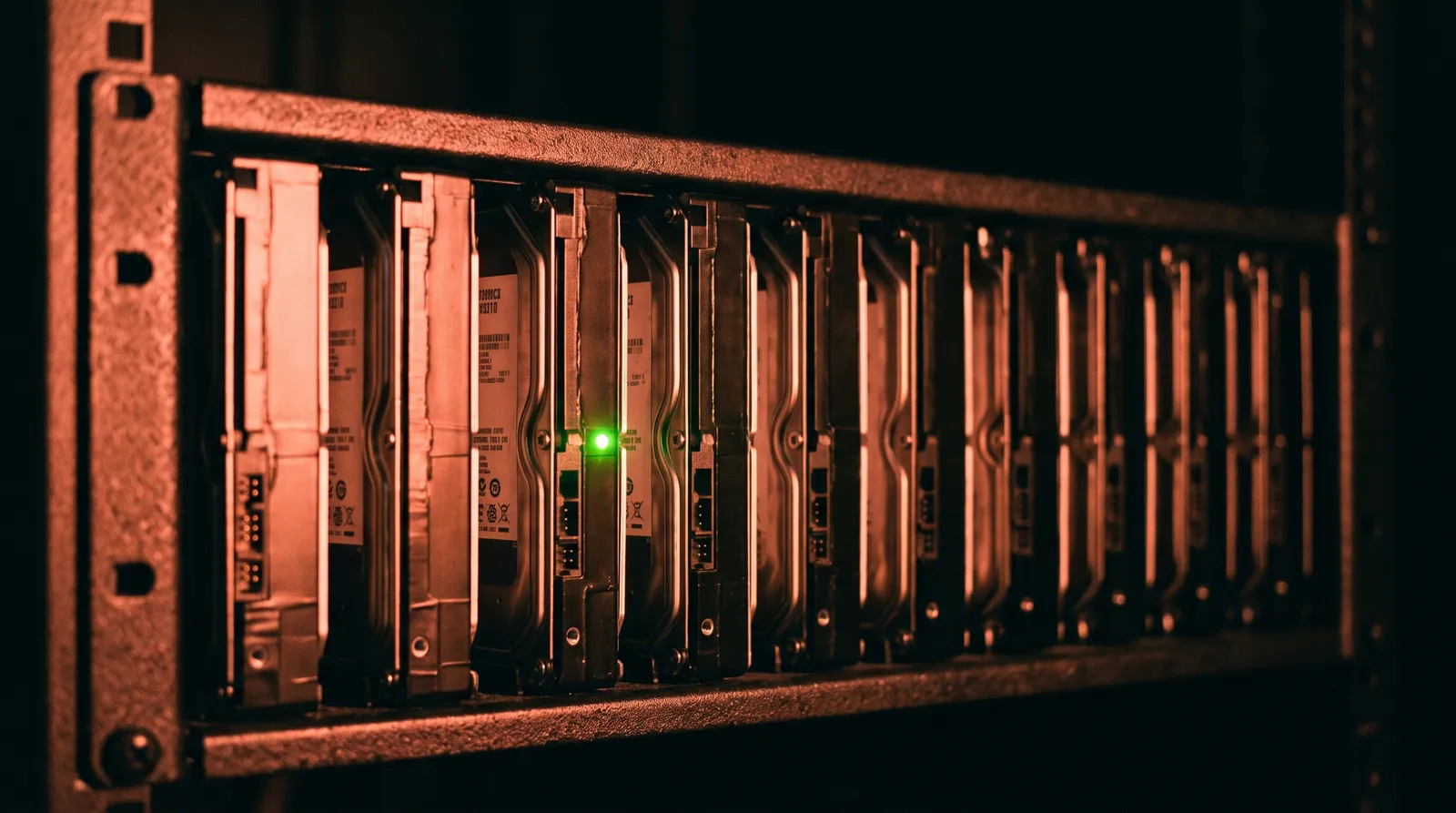 Une rangée de disques durs nus dressés dans un rack métallique sombre, une seule diode verte allumée au milieu de tous les autres éteints, sous une lumière corail rasante