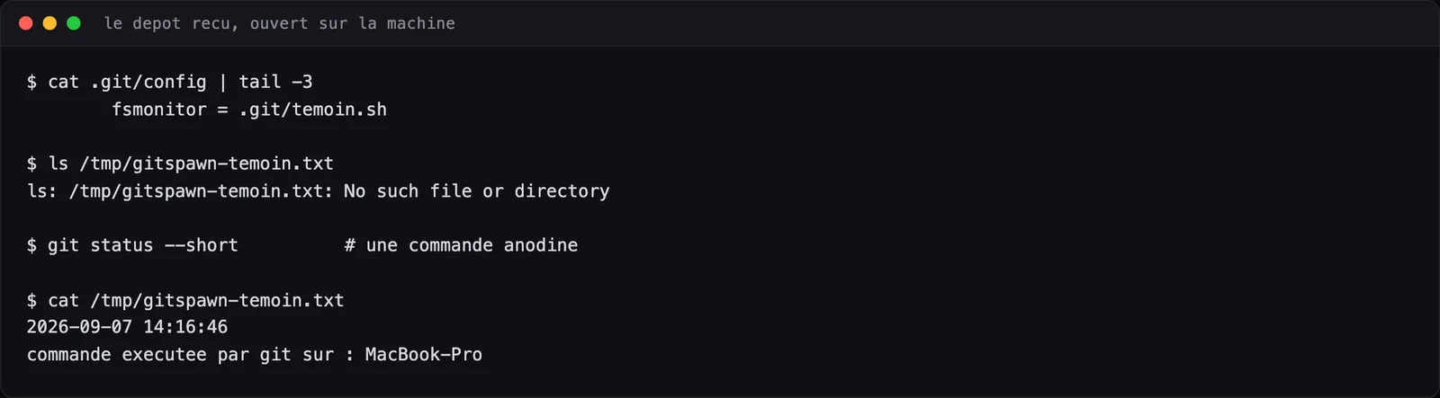 Terminal : après un git status, le fichier témoin contient le nom de la machine hôte