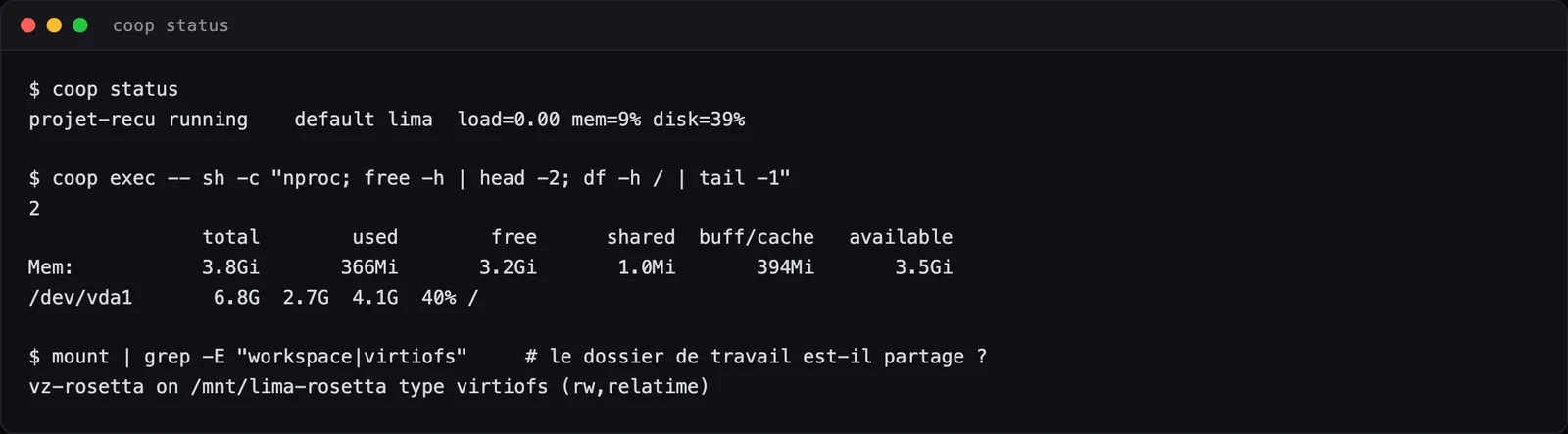 Terminal : coop status, deux processeurs, 3,8 Go de mémoire, 6,8 Go de disque, aucun montage du dossier de travail