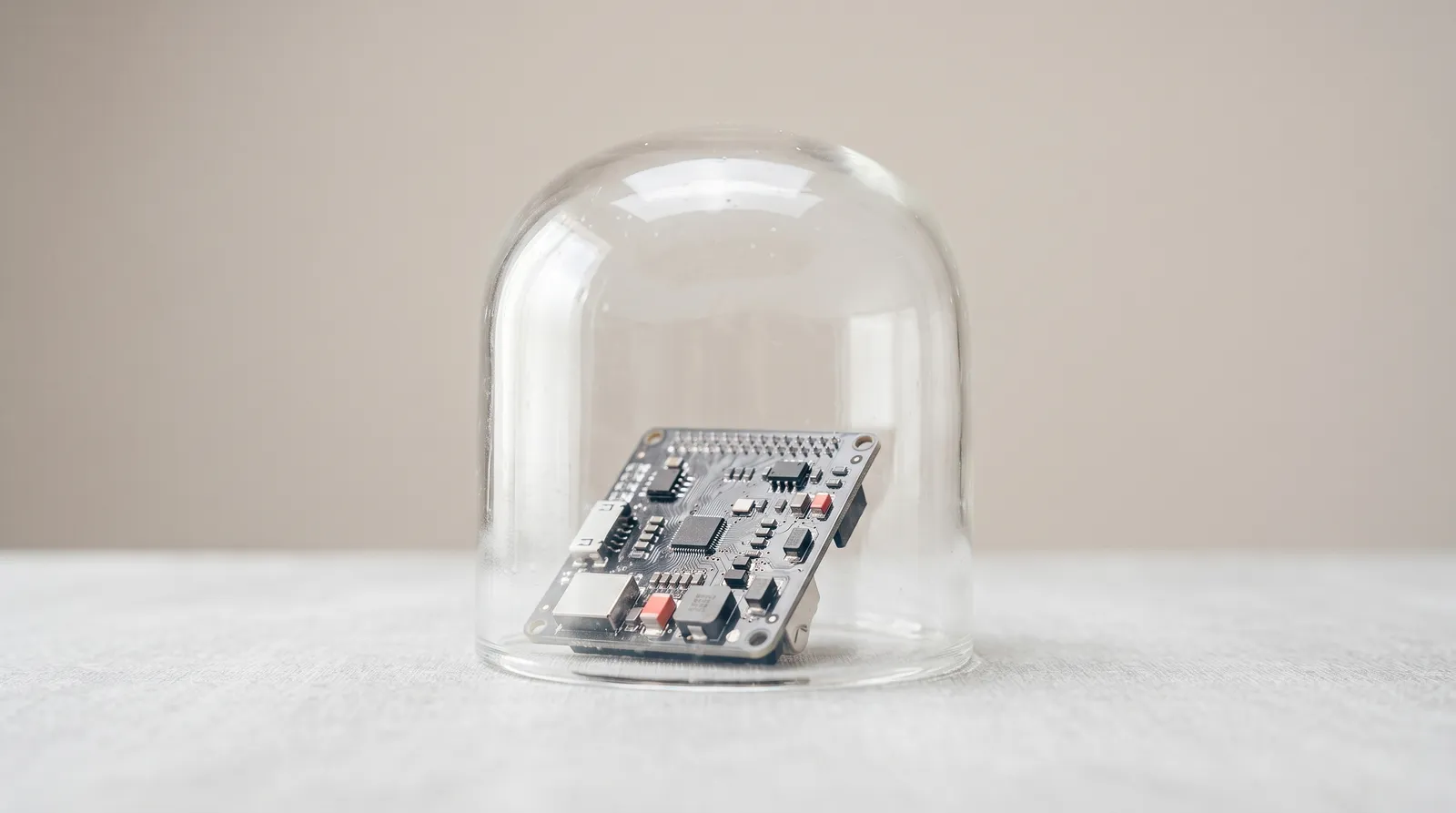Une cloche de verre épaisse posée sur une carte électronique, sur un établi sombre, éclairée par une seule lumière corail rasante