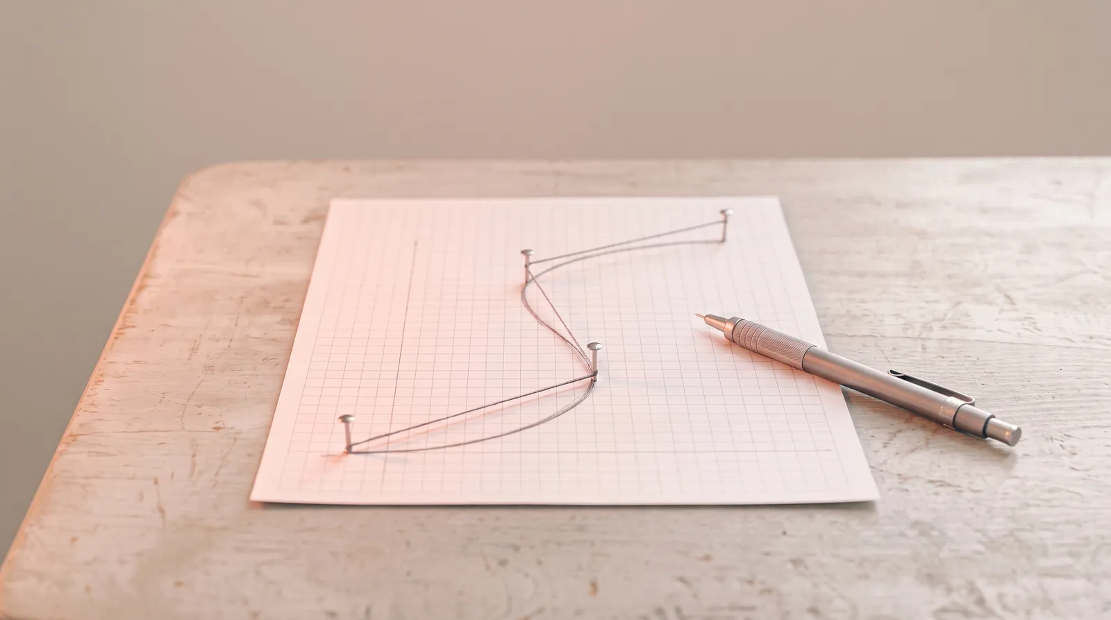 Une courbe tracée sur du papier millimétré, tenue par quatre épingles métalliques reliées par un fil, avec un critérium posé à côté, sous une seule lumière corail rasante