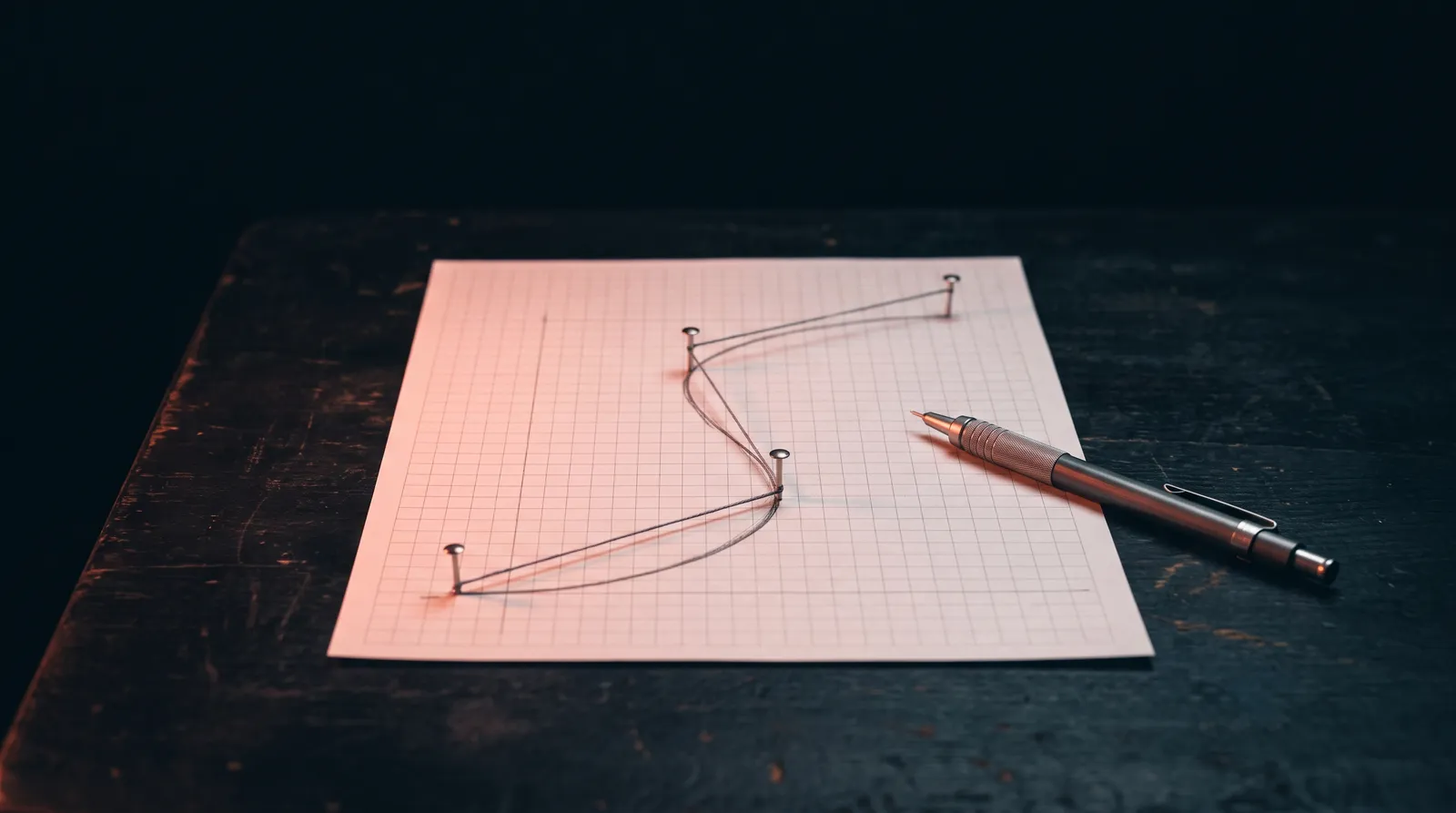Une courbe tracée sur du papier millimétré, tenue par quatre épingles métalliques reliées par un fil, avec un critérium posé à côté, sous une seule lumière corail rasante