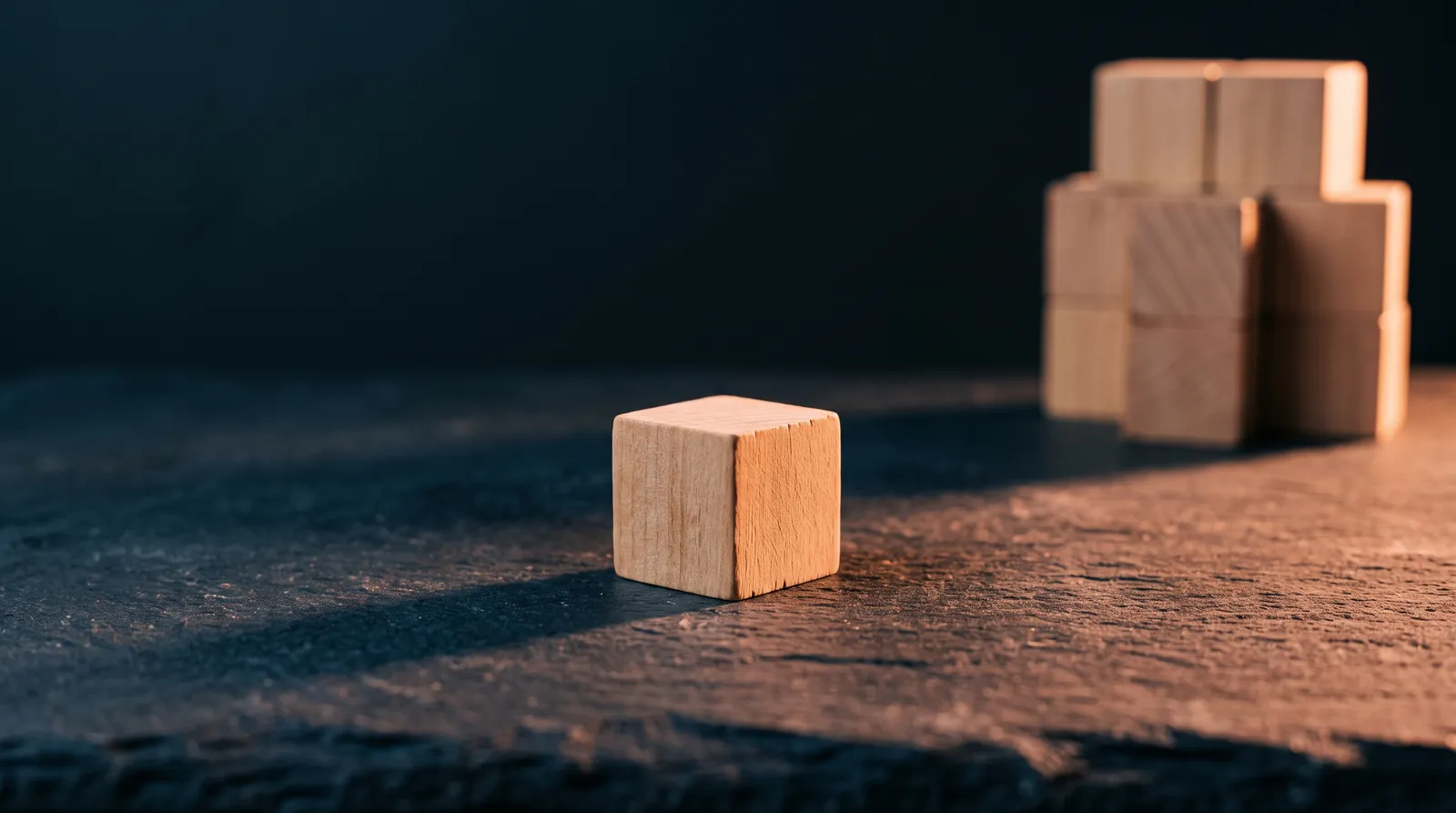 Un cube de bois isolé, poussé à l'écart d'un empilement de cubes identiques resté en arrière-plan, sur une surface d'ardoise sombre éclairée par une seule lumière corail rasante