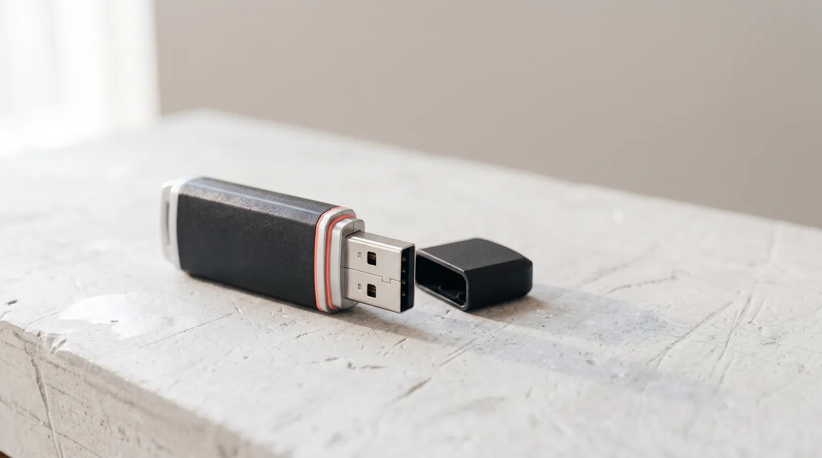Une clé USB posée sur un établi sombre, son capuchon retiré, éclairée par une seule lumière corail rasante qui allonge son ombre