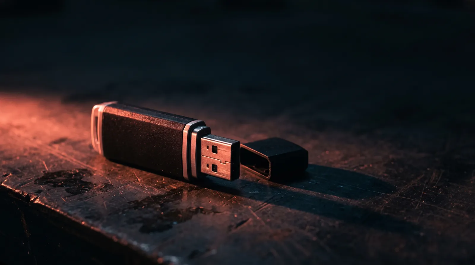 Une clé USB posée sur un établi sombre, son capuchon retiré, éclairée par une seule lumière corail rasante qui allonge son ombre