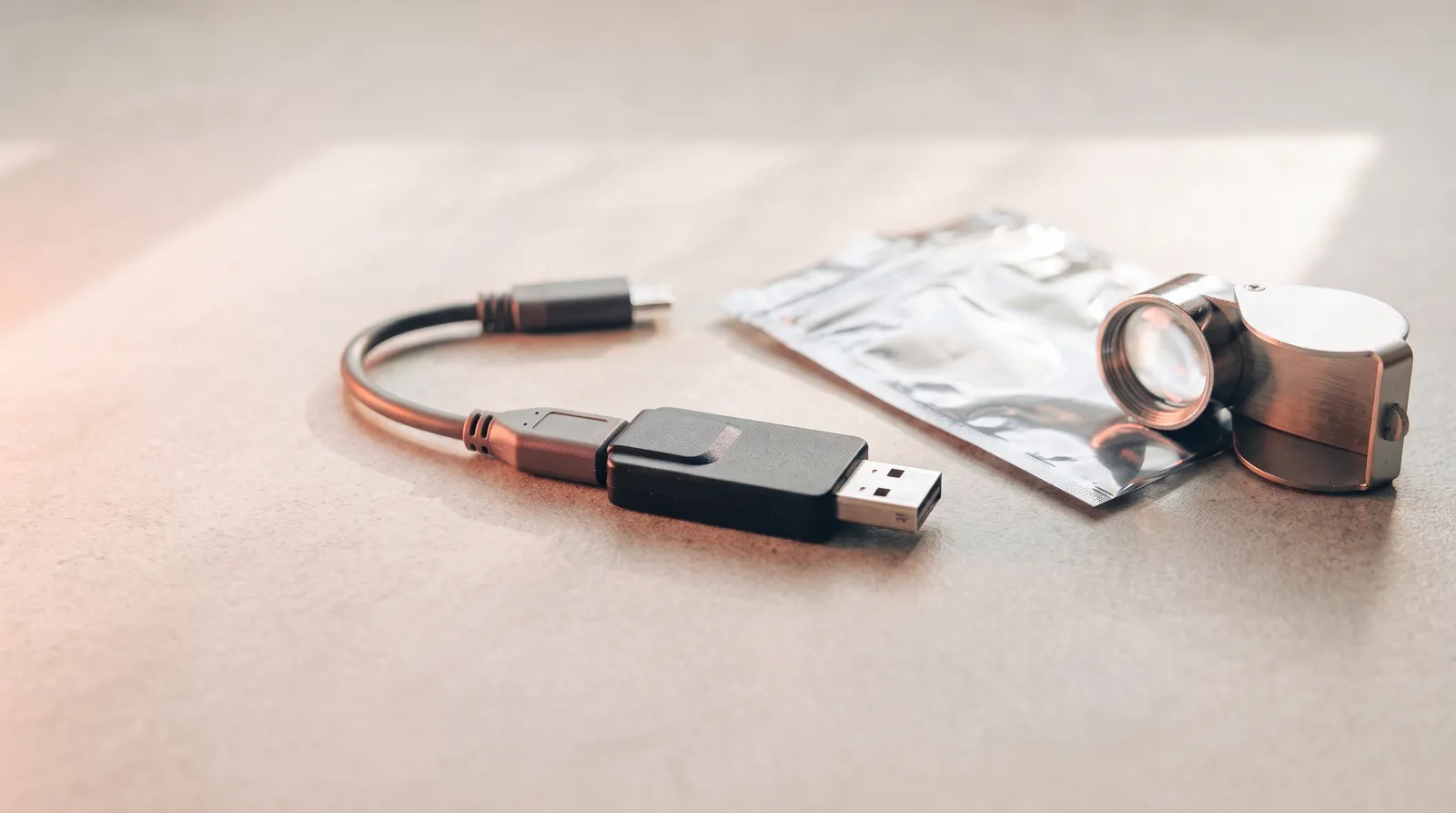 Un dongle de protection logicielle branché sur un adaptateur, posé sur une table noire à côté d'une loupe, sous une seule lumière corail rasante