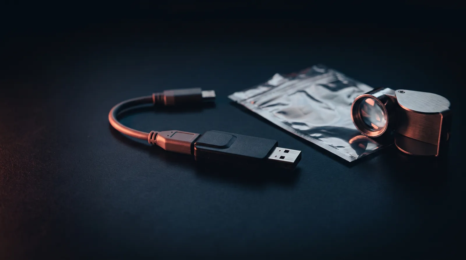 Un dongle de protection logicielle branché sur un adaptateur, posé sur une table noire à côté d'une loupe, sous une seule lumière corail rasante