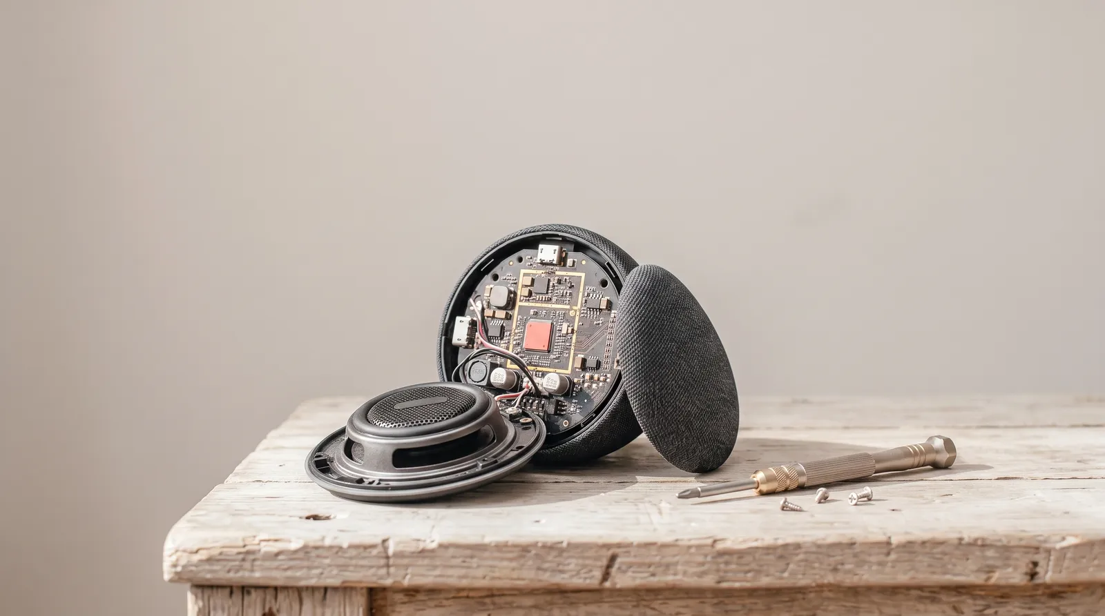 Une petite enceinte connectée ronde, coque ouverte et carte électronique visible, posée sur un établi sombre à côté d'un tournevis, sous une seule lumière corail rasante