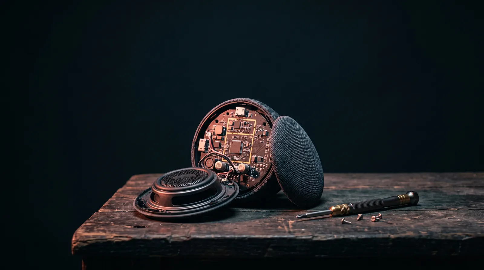Une petite enceinte connectée ronde, coque ouverte et carte électronique visible, posée sur un établi sombre à côté d'un tournevis, sous une seule lumière corail rasante