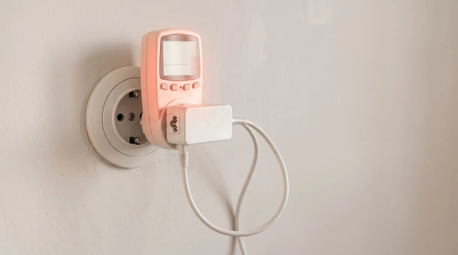Un wattmètre de prise branché au mur, avec le chargeur d'un ordinateur portable, dans le noir, sous une seule lumière corail