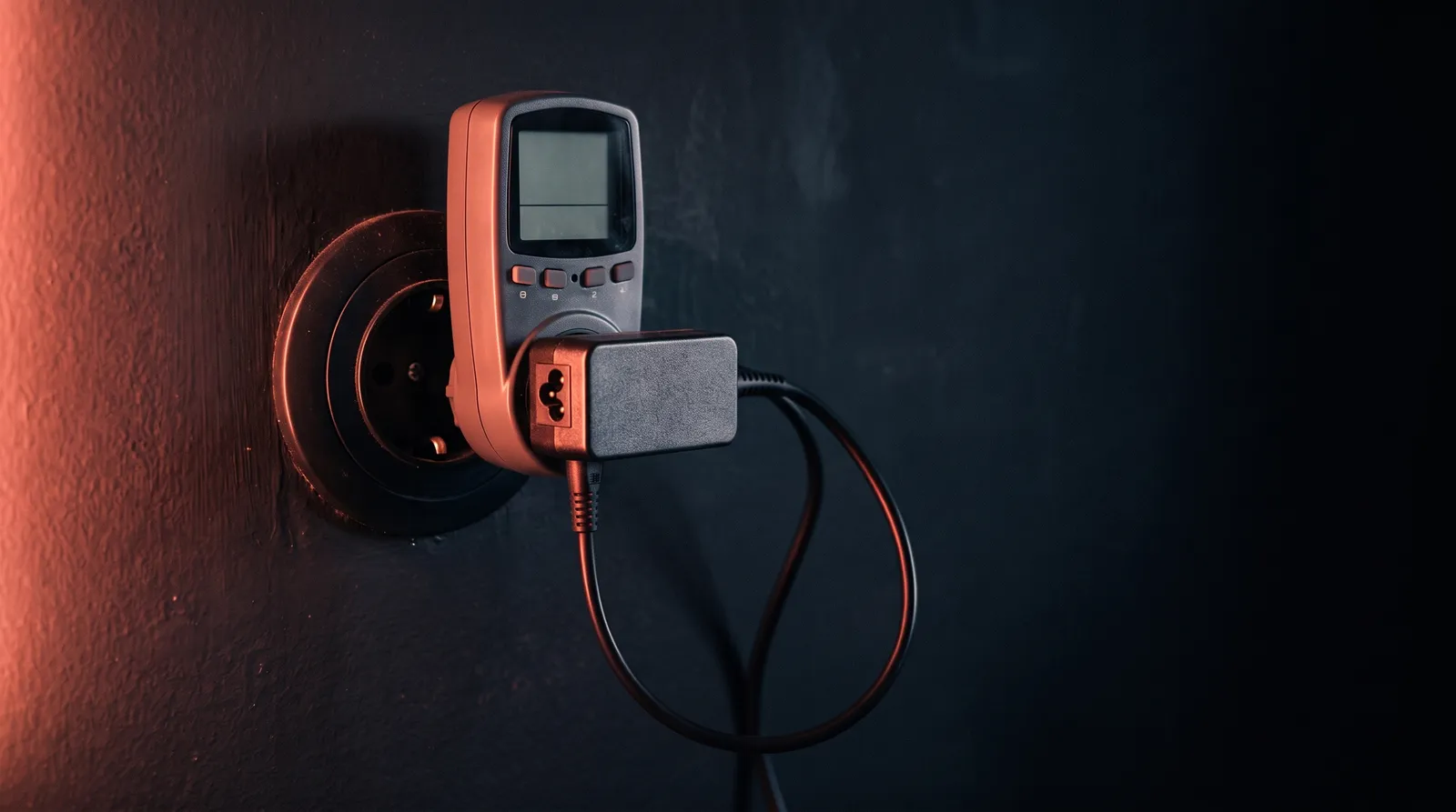 Un wattmètre de prise branché au mur, avec le chargeur d'un ordinateur portable, dans le noir, sous une seule lumière corail