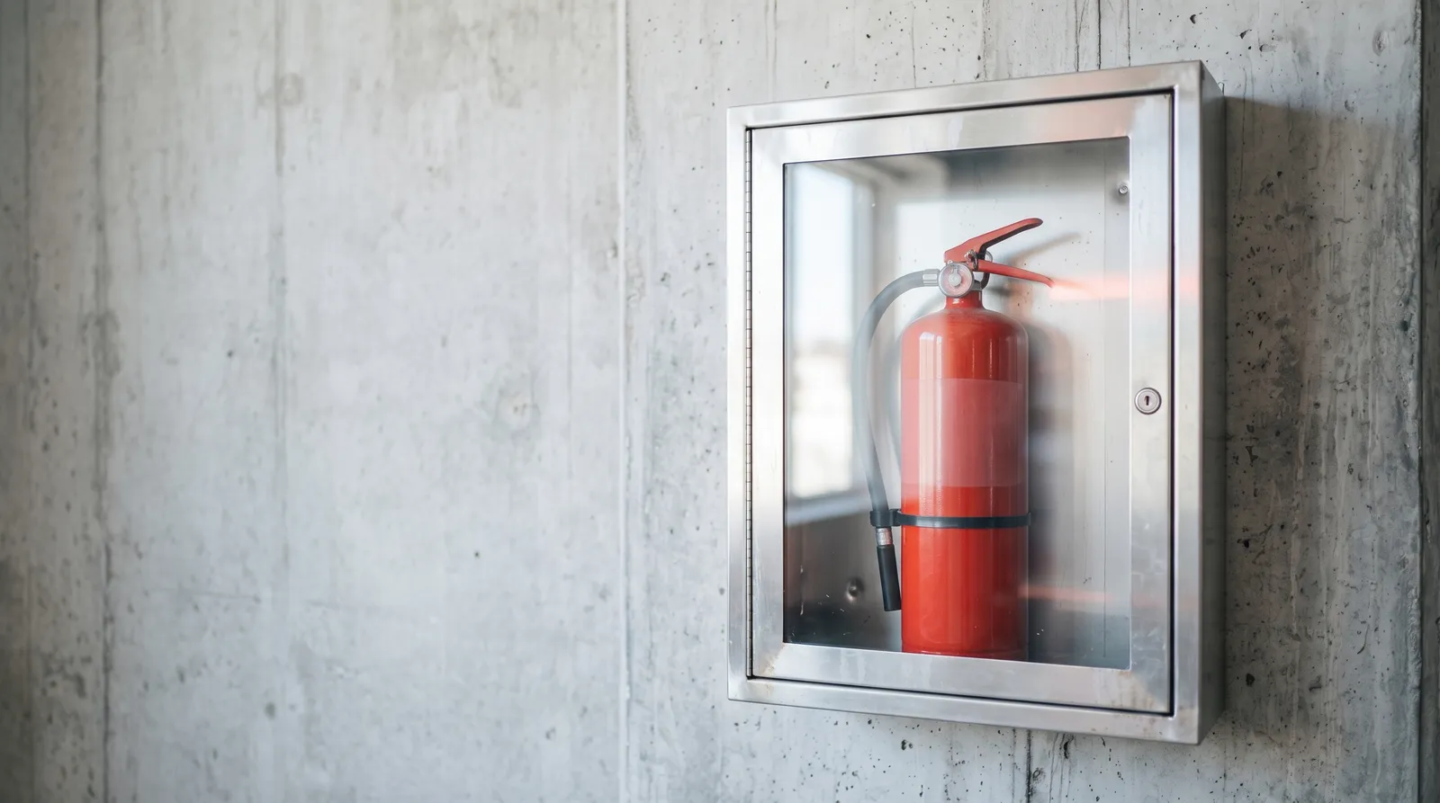 Un extincteur rouge enfermé derrière la vitre d'une armoire de sécurité verrouillée, serrure visible sur le montant, dans une pièce sombre éclairée par une seule lumière corail rasante
