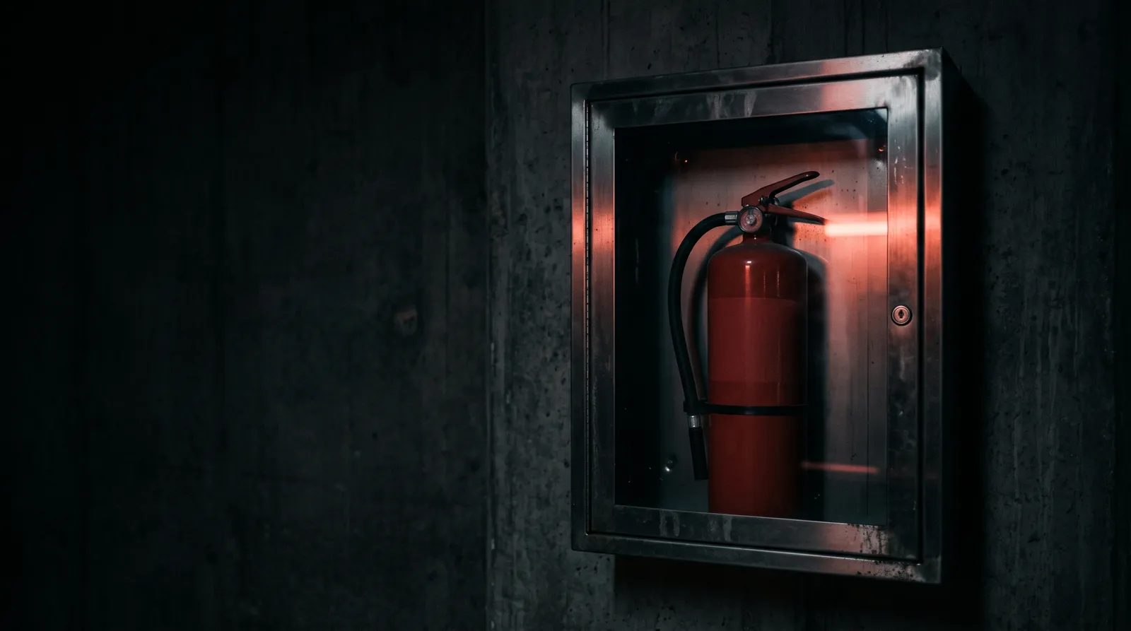 Un extincteur rouge enfermé derrière la vitre d'une armoire de sécurité verrouillée, serrure visible sur le montant, dans une pièce sombre éclairée par une seule lumière corail rasante