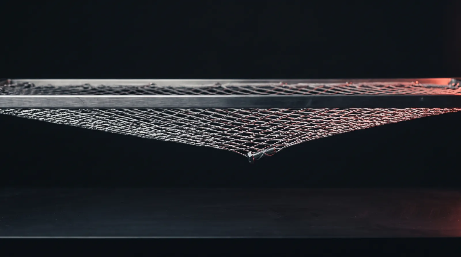 Un filet tendu au-dessus d'un établi dans le noir, éclairé par une seule lumière corail rasante