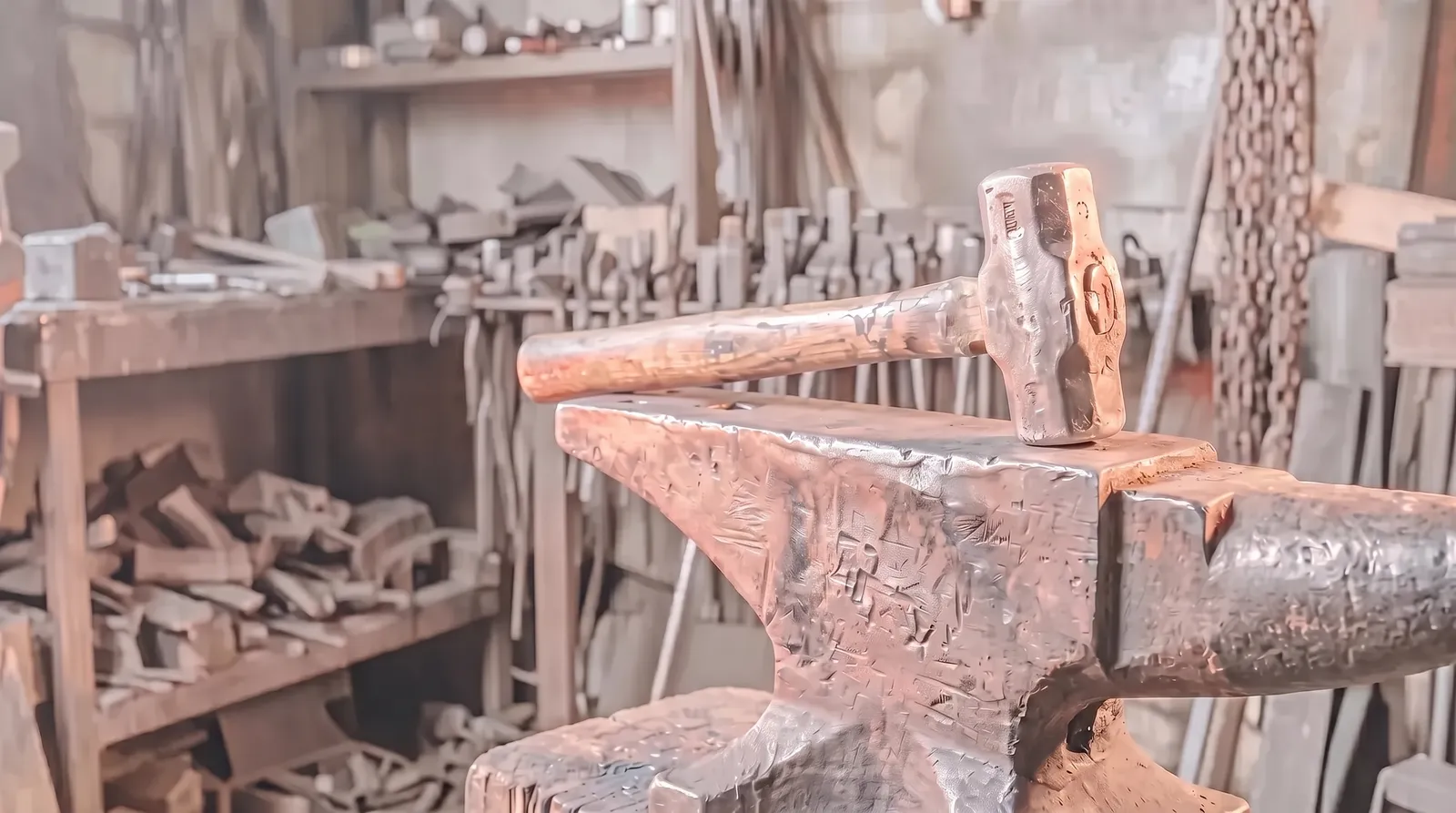 Un marteau de forgeron posé sur le plateau d'une enclume en fonte, dans un atelier plongé dans le noir, éclairé par une seule lumière corail rasante