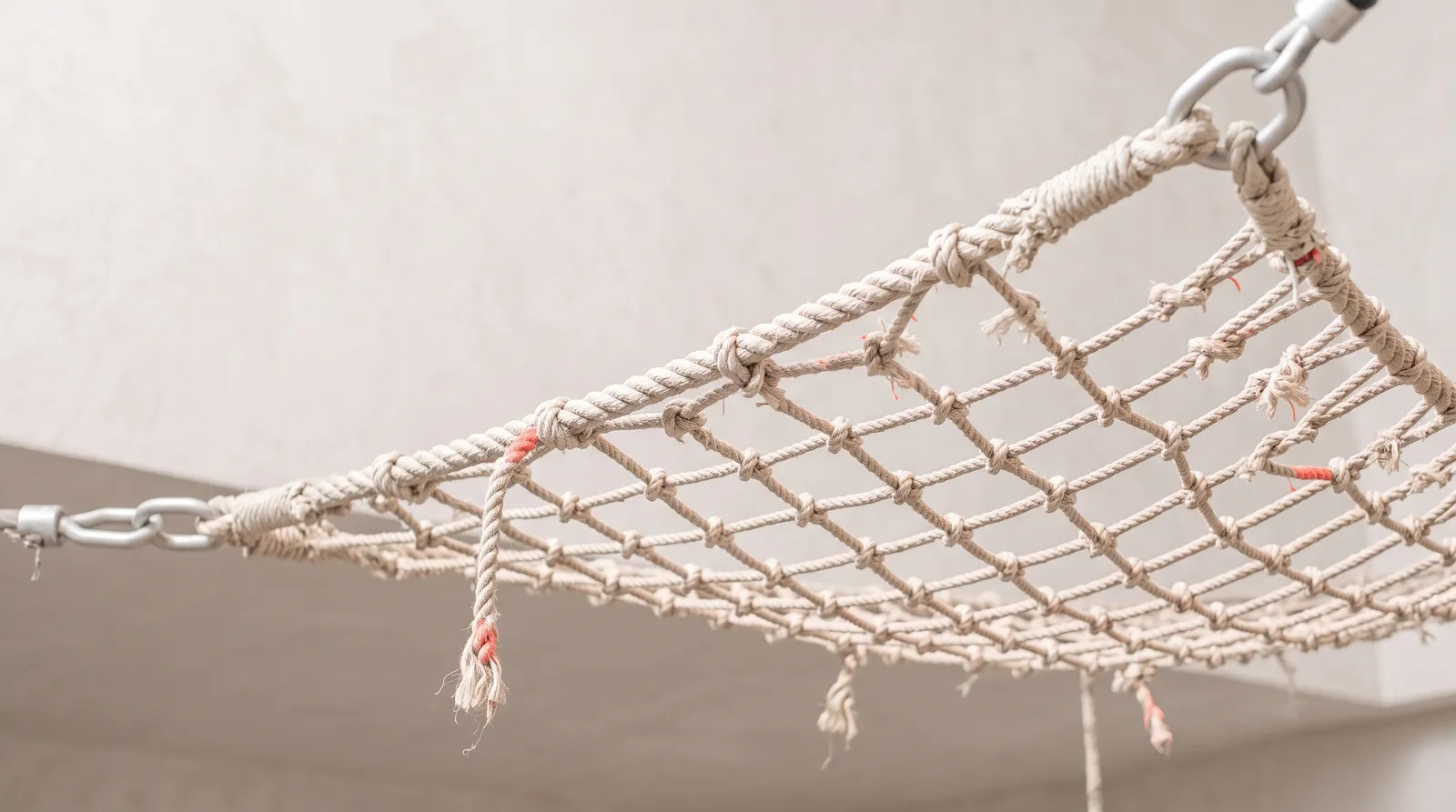 Un filet de sécurité de cirque tendu dans le noir, éclairé par une seule lumière corail rasante